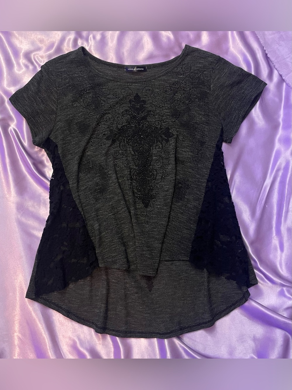 Y2K Bedazzled Rhinestone Cross Lace Panel Top Charcoal M made in USA